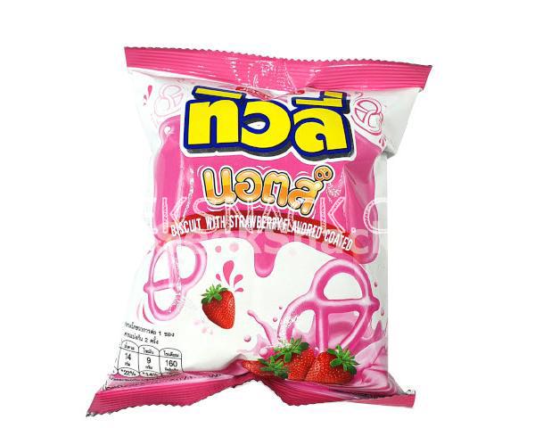 Biscuit with Strawberry flavored coated Tivoli Knots Brand