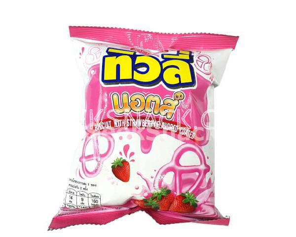 Biscuit with Strawberry flavored coated Tivoli Knots Brand