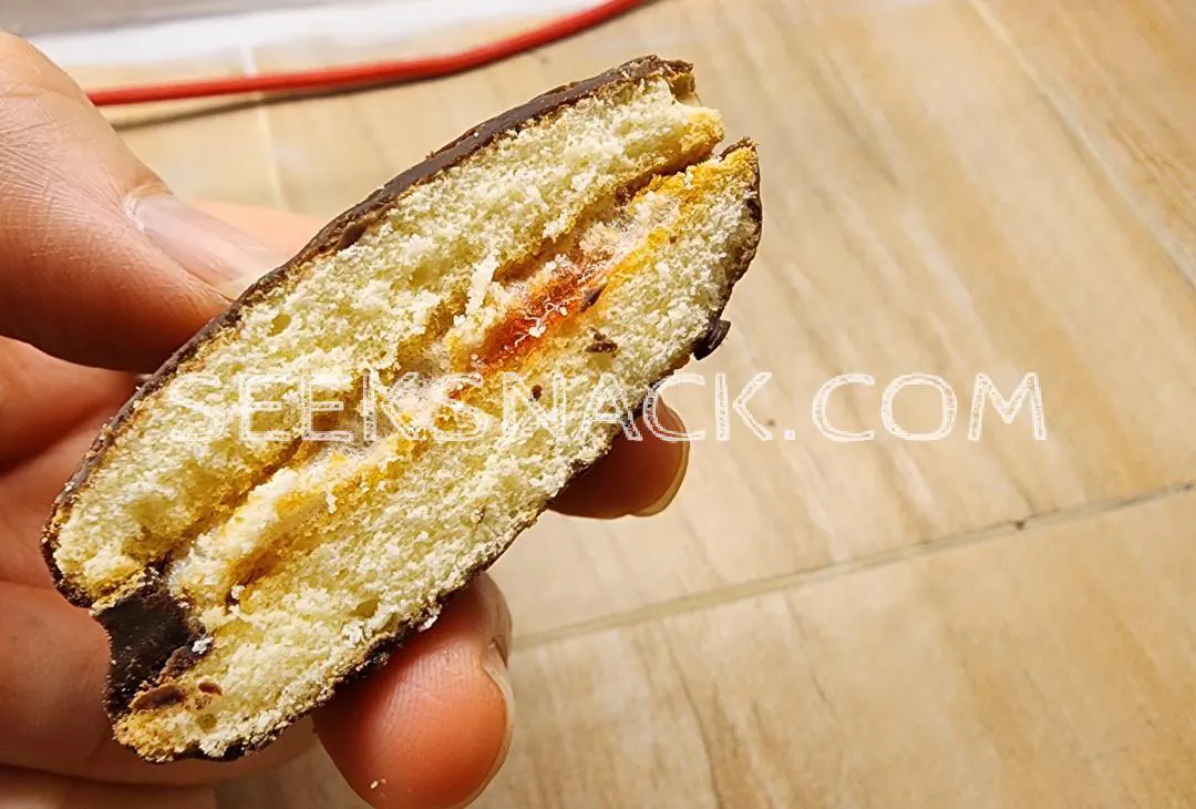 Inside Euro Choco Pie Brand Chocolate Pie With Masrshmallow and Raspberry Jam