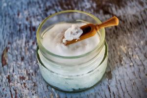 Coconut oil, solid and white at cool room temperature