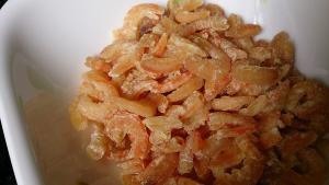 Small dried shrimps in a bowl, used for a salty, briny taste